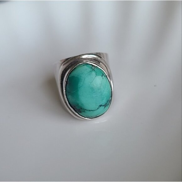 Vintage Boho Sterling Silver Chunky Western Turquoise Large Cabochon Ring 8 - Picture 2 of 11
